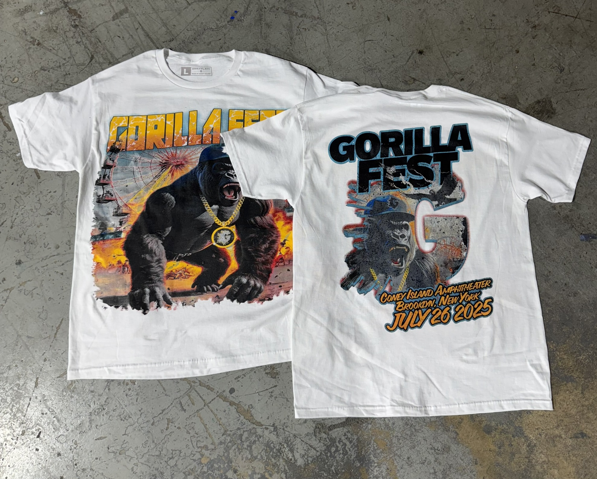 Gorilla Fest front and back screen printed tees
